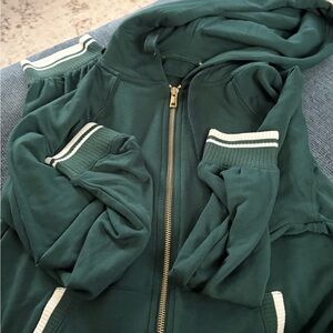 Green Zip-Up Hoodie with White Stripes and matching bottoms
